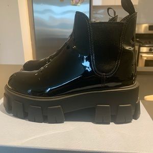 Prada Patent Lugged-Sole Chelsea Booties